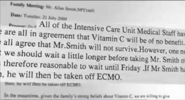 Fig 1. Vitamin C - Miracle Cure? - 60 Minutes Report - New Zealand. Mega Dose (IV) Vitamin C Cures Allan Smith, a dairy farmer in New Zealand who contracted Swine flu in 2009, from "Brink of Death"